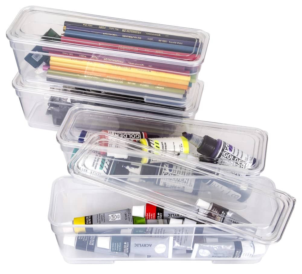 4 Pack Long Bins with Lids (Clear), 6971AG 4 Long Bins with Paint and Color Pencils