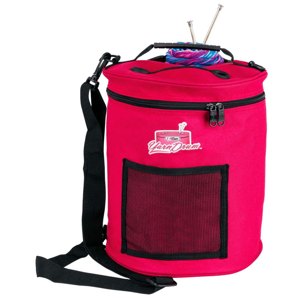 Raspberry Yarn Drum with Bonus Needle Pouch with Blue and Pink Yarn at the Back