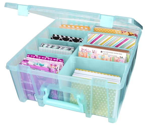 Super Satchel Double Deep with Removable Dividers, Aqua, 6990SP Open with Fabrics and Papers
